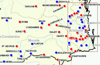 Location map - 2011 Stanthorpe Flood (Red dots - flood inundated towns. Blue dots - flood affected towns)